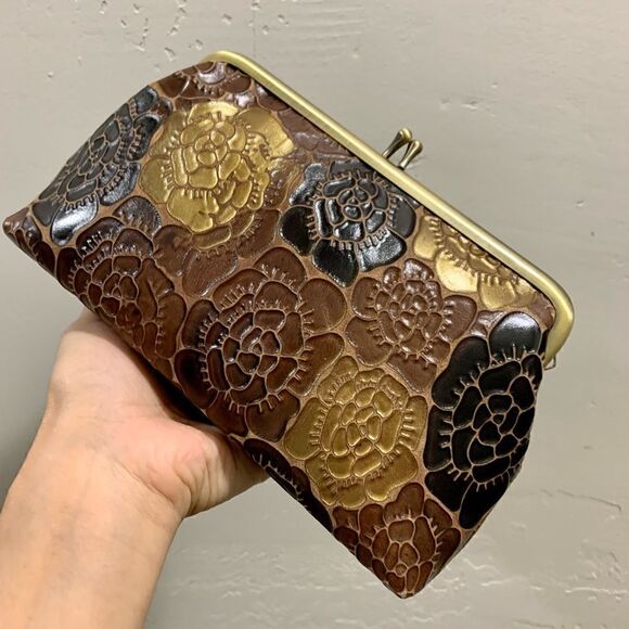 Handmade Genuine Leather Floral Embossed, Metal Frame Small Clutch/Phone Case - Picture 5 of 11